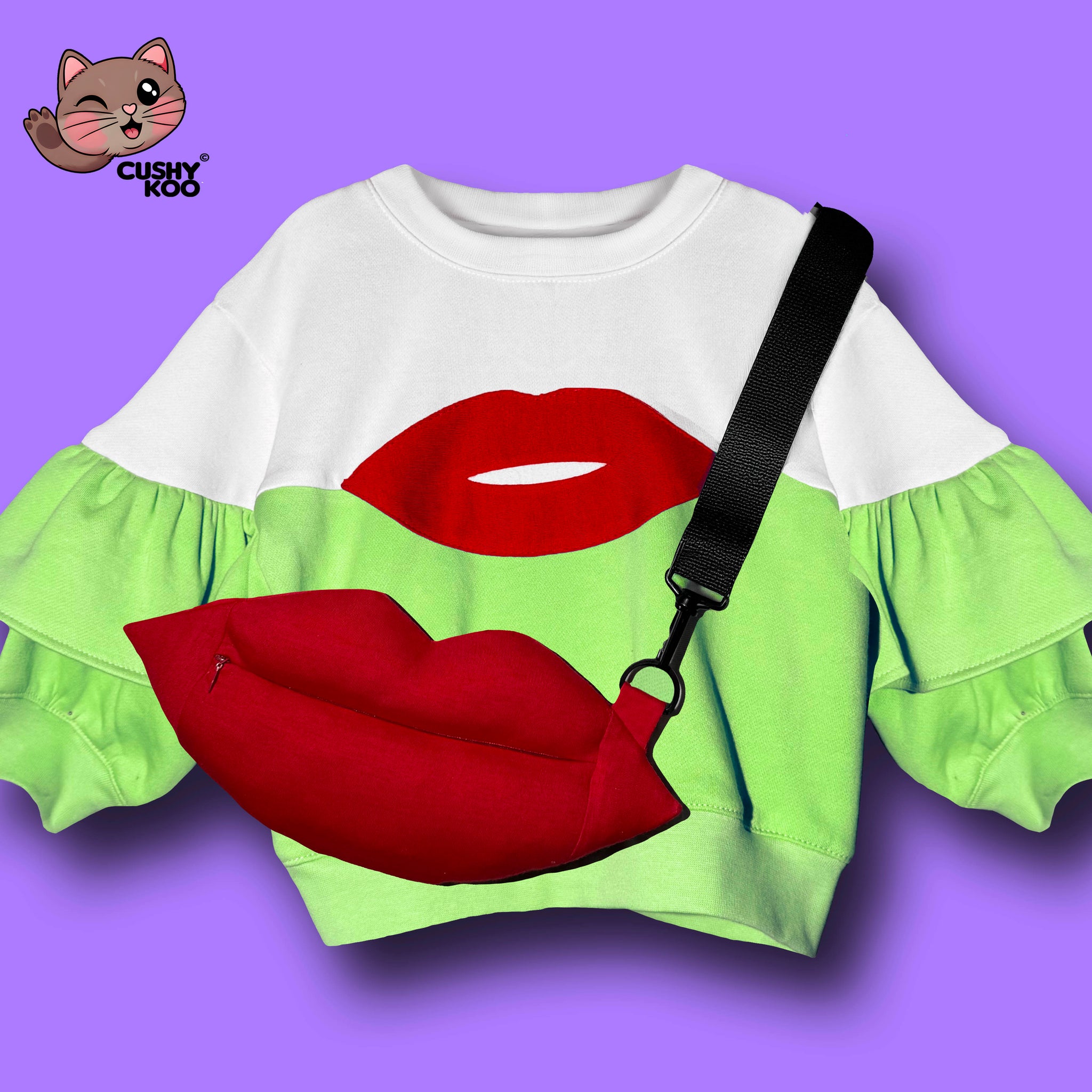 Red Lips Tshirt With Bag - Green